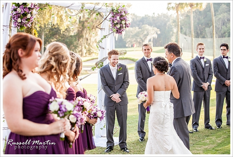 Groom reaction, Outdoor Wedding ceremony, Haile Plantation Golf and Country Club, Gainesville Wedding Photographer
